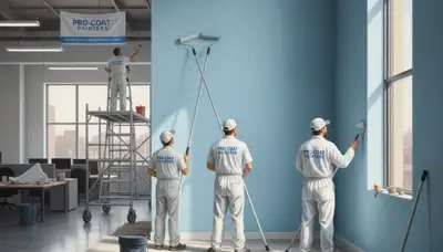 Commercial painting crew in Albany, NY applying durable coatings to an office building interior