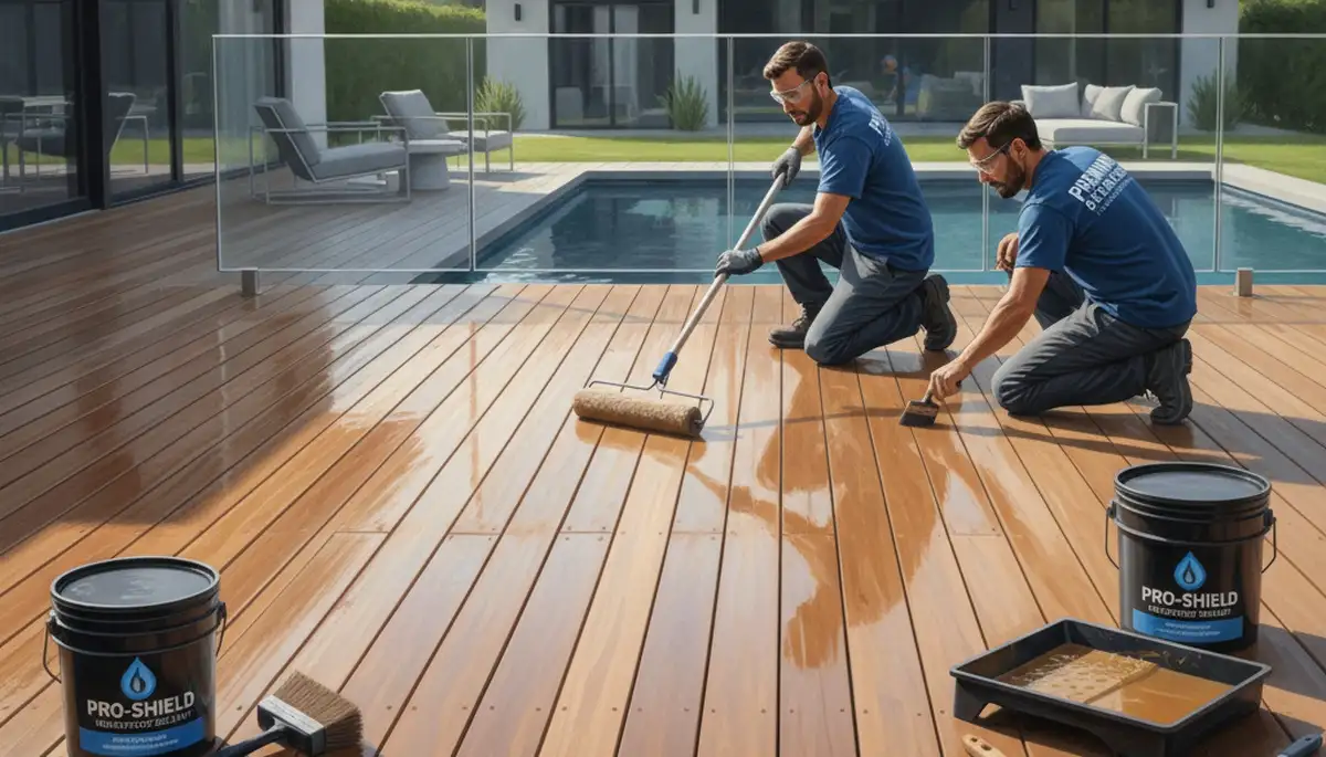 Albany Paint Pros sealing a wood deck in Albany, NY to protect against moisture and UV damage