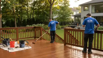 Albany, NY deck staining service by professional painters protecting wood from weather damage